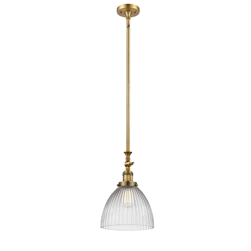 Seneca Falls Mini Pendant shown in the Brushed Brass finish with a Clear Halophane shade