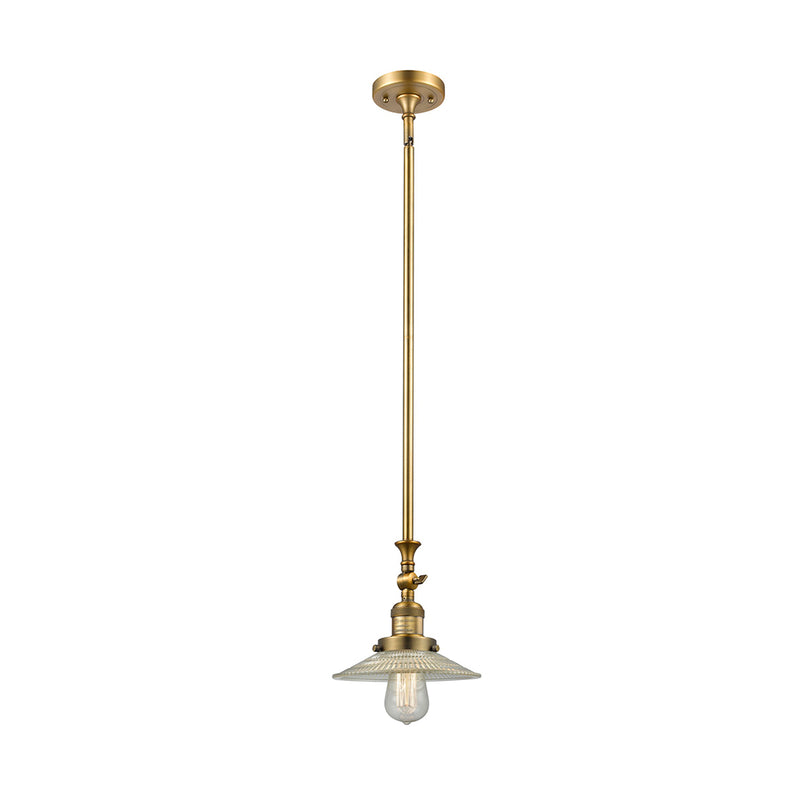 Halophane Mini Pendant shown in the Brushed Brass finish with a Clear Halophane shade