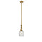 Colton Mini Pendant shown in the Brushed Brass finish with a Clear Halophane shade