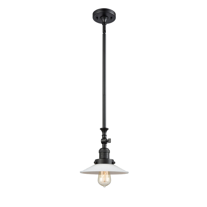 Halophane Mini Pendant shown in the Matte Black finish with a Matte White Halophane shade