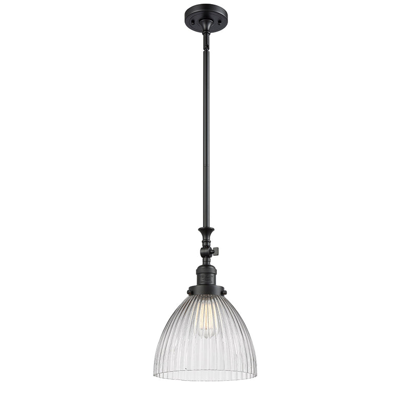 Seneca Falls Mini Pendant shown in the Matte Black finish with a Clear Halophane shade