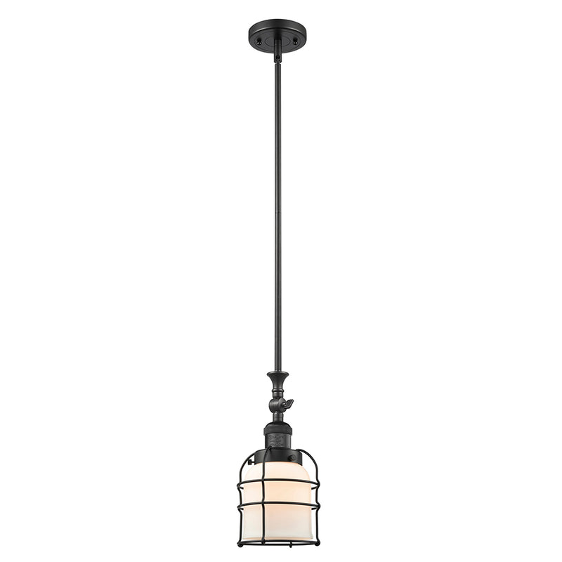 Bell Cage Mini Pendant shown in the Matte Black finish with a Matte White shade