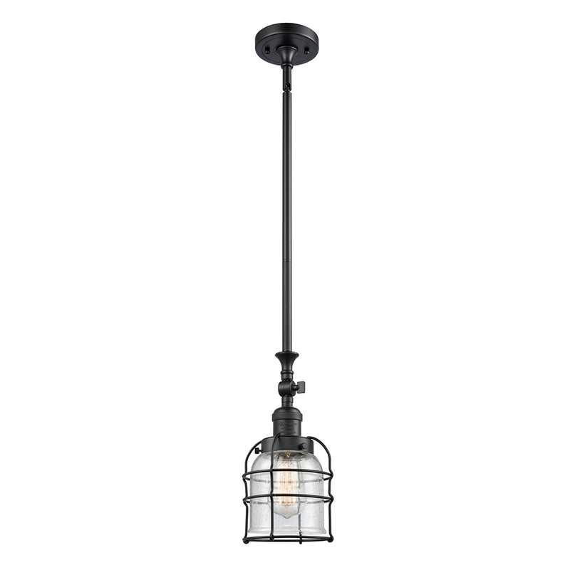 Bell Cage Mini Pendant shown in the Matte Black finish with a Seedy shade