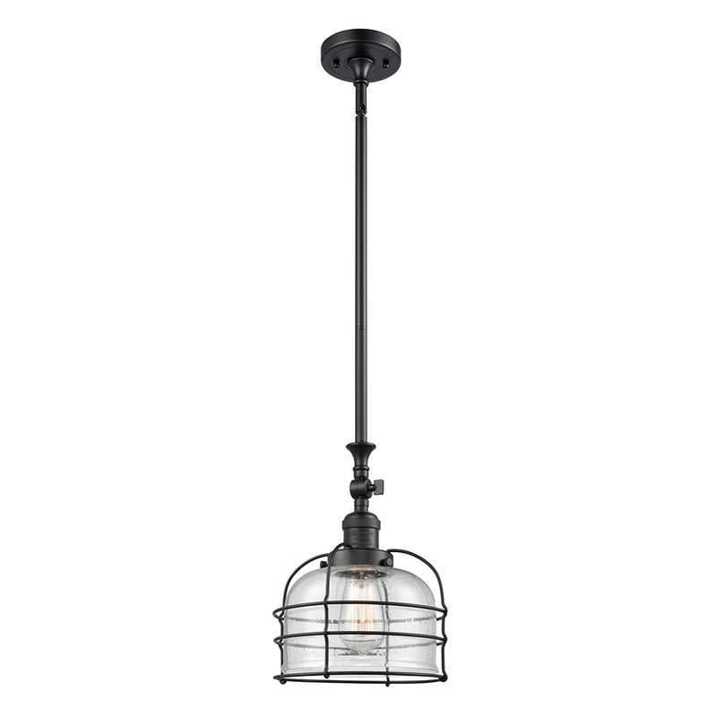 Bell Cage Mini Pendant shown in the Matte Black finish with a Seedy shade