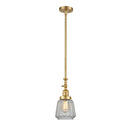 Chatham Mini Pendant shown in the Satin Gold finish with a Clear shade