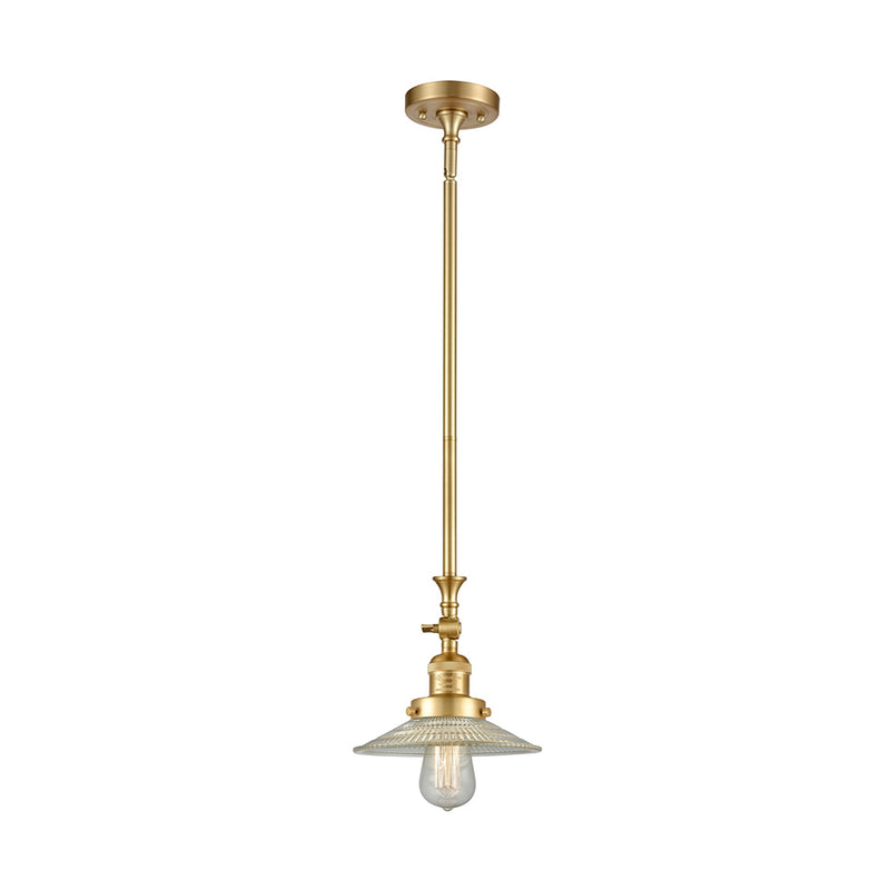 Halophane Mini Pendant shown in the Satin Gold finish with a Clear Halophane shade