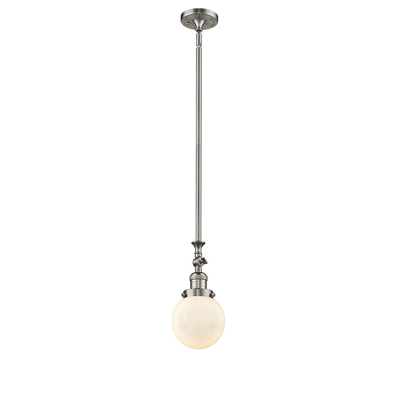 Beacon Mini Pendant shown in the Brushed Satin Nickel finish with a Matte White shade