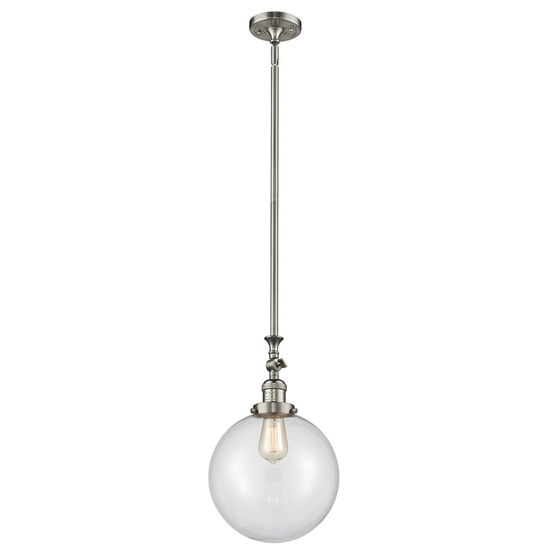 Beacon Mini Pendant shown in the Brushed Satin Nickel finish with a Clear shade