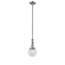 Beacon Mini Pendant shown in the Brushed Satin Nickel finish with a Clear shade