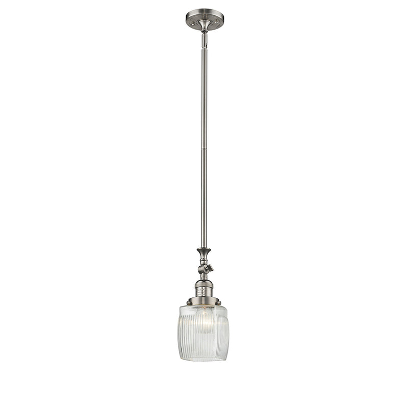 Colton Mini Pendant shown in the Brushed Satin Nickel finish with a Clear Halophane shade