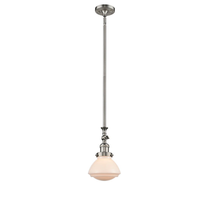 Olean Mini Pendant shown in the Brushed Satin Nickel finish with a Matte White shade