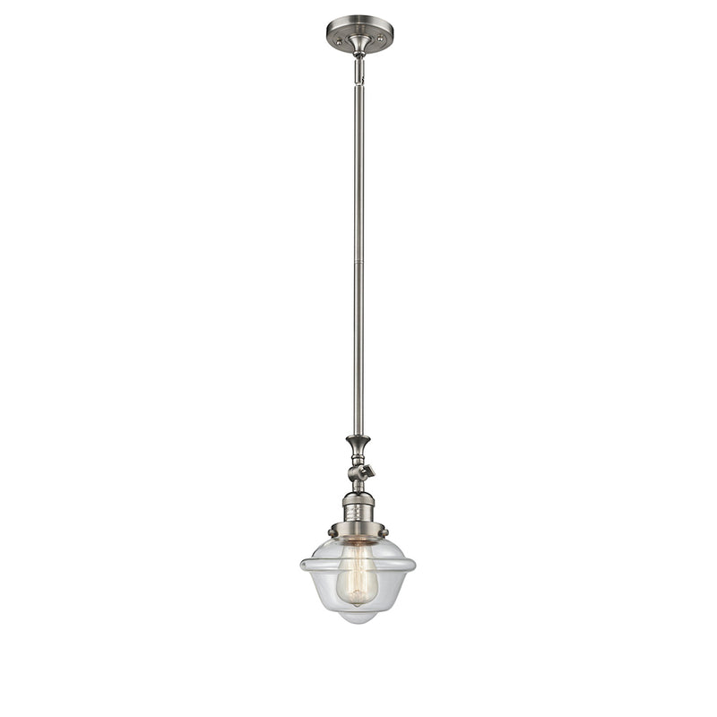 Oxford Mini Pendant shown in the Brushed Satin Nickel finish with a Clear shade