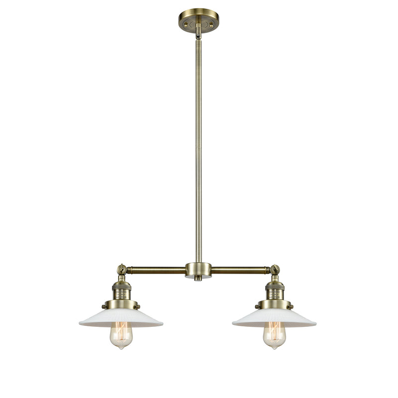 Halophane Island Light shown in the Antique Brass finish with a Matte White Halophane shade