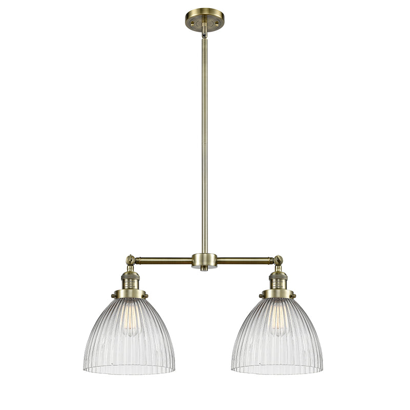 Seneca Falls Island Light shown in the Antique Brass finish with a Clear Halophane shade