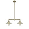 Halophane Island Light shown in the Antique Brass finish with a Clear Halophane shade