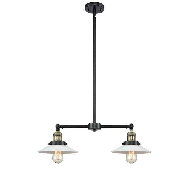 Halophane Island Light shown in the Black Antique Brass finish with a Matte White Halophane shade