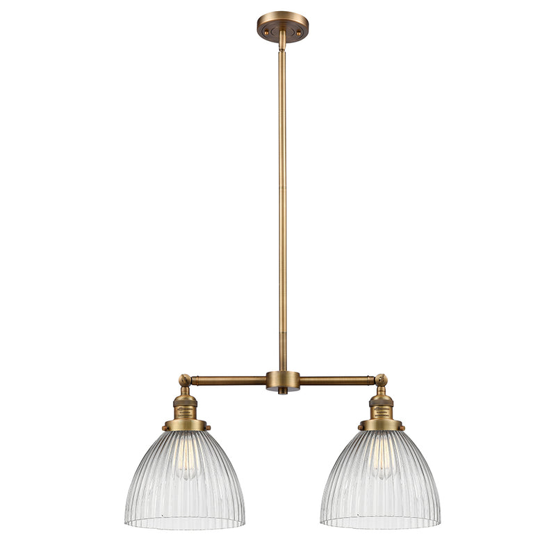 Seneca Falls Island Light shown in the Brushed Brass finish with a Clear Halophane shade