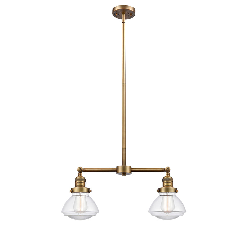 Olean Island Light shown in the Brushed Brass finish with a Clear shade