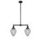 Geneseo Island Light shown in the Matte Black finish with a Clear Crackled shade