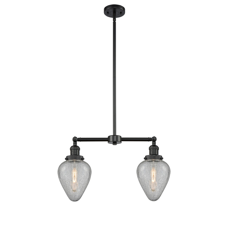 Geneseo Island Light shown in the Matte Black finish with a Clear Crackled shade