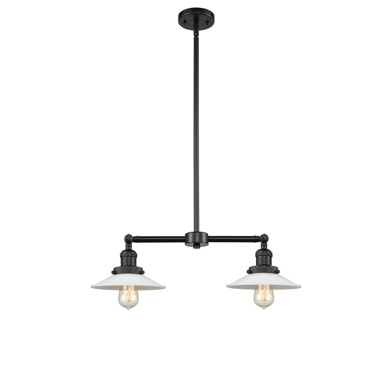 Halophane Island Light shown in the Matte Black finish with a Matte White Halophane shade