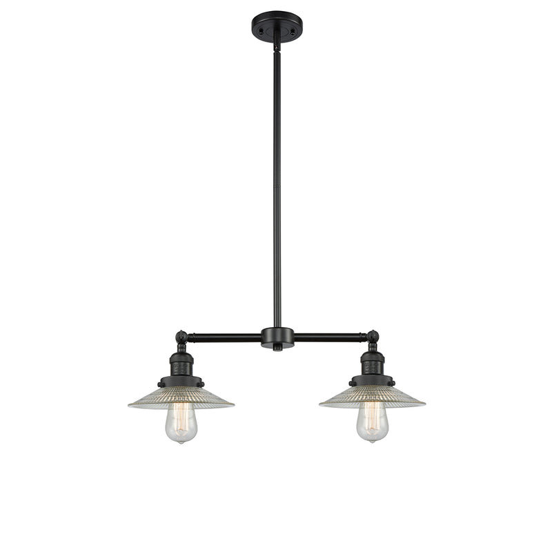 Halophane Island Light shown in the Matte Black finish with a Clear Halophane shade