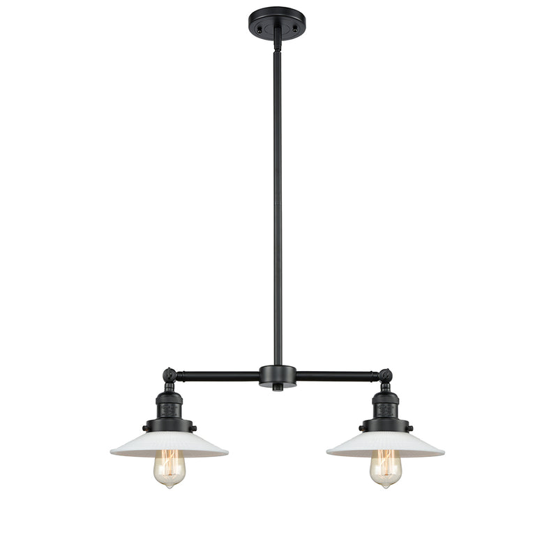 Halophane Island Light shown in the Oil Rubbed Bronze finish with a Matte White Halophane shade