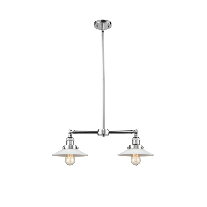 Halophane Island Light shown in the Polished Chrome finish with a Matte White Halophane shade