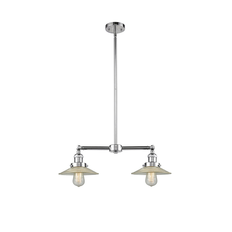 Halophane Island Light shown in the Polished Chrome finish with a Clear Halophane shade