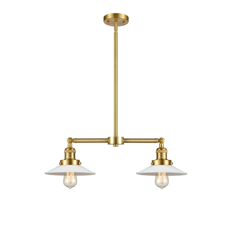 Halophane Island Light shown in the Satin Gold finish with a Matte White Halophane shade