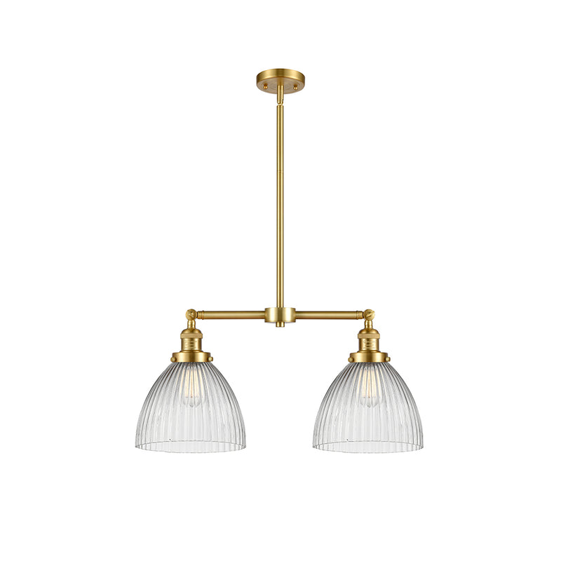 Seneca Falls Island Light shown in the Satin Gold finish with a Clear Halophane shade