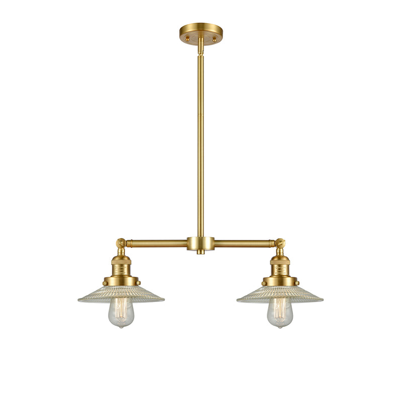 Halophane Island Light shown in the Satin Gold finish with a Clear Halophane shade