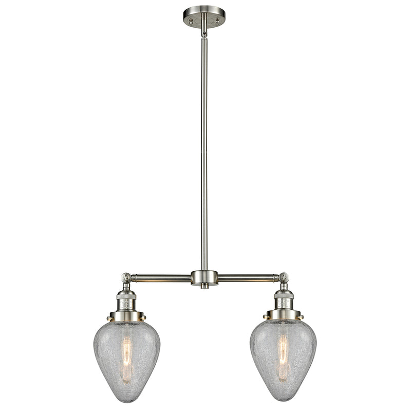 Geneseo Island Light shown in the Brushed Satin Nickel finish with a Clear Crackled shade