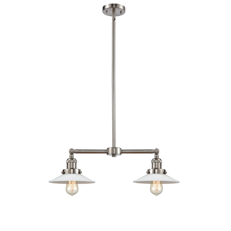 Halophane Island Light shown in the Brushed Satin Nickel finish with a Matte White Halophane shade