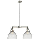 Seneca Falls Island Light shown in the Brushed Satin Nickel finish with a Clear Halophane shade