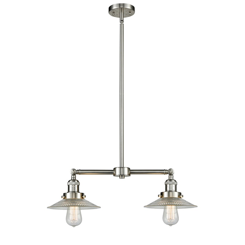 Halophane Island Light shown in the Brushed Satin Nickel finish with a Clear Halophane shade