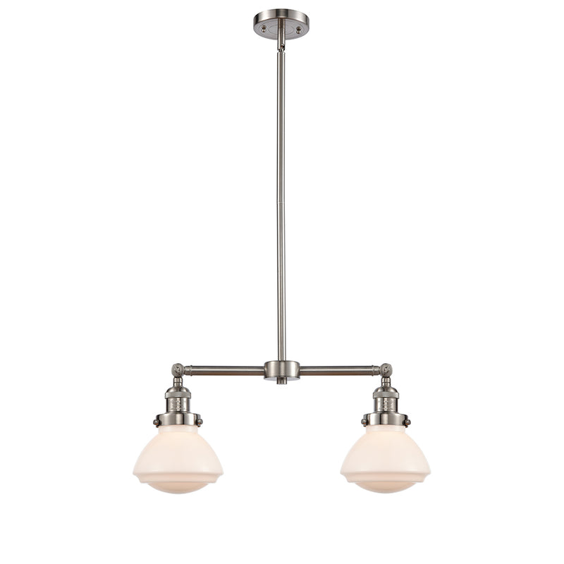 Olean Island Light shown in the Brushed Satin Nickel finish with a Matte White shade