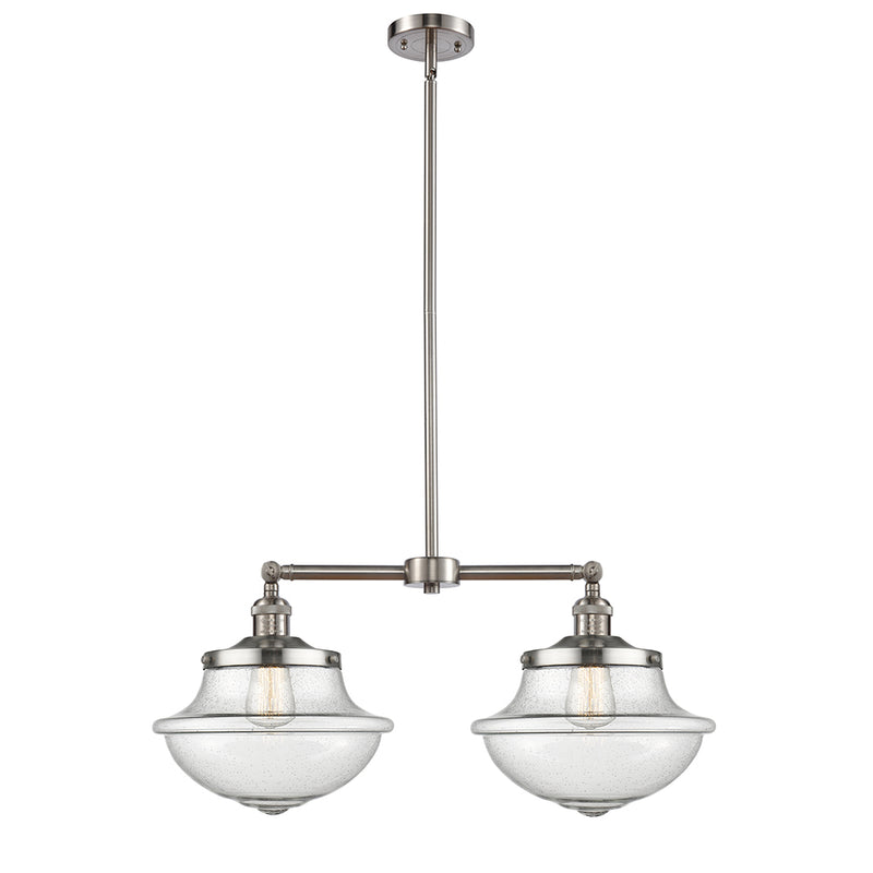 Oxford Island Light shown in the Brushed Satin Nickel finish with a Seedy shade