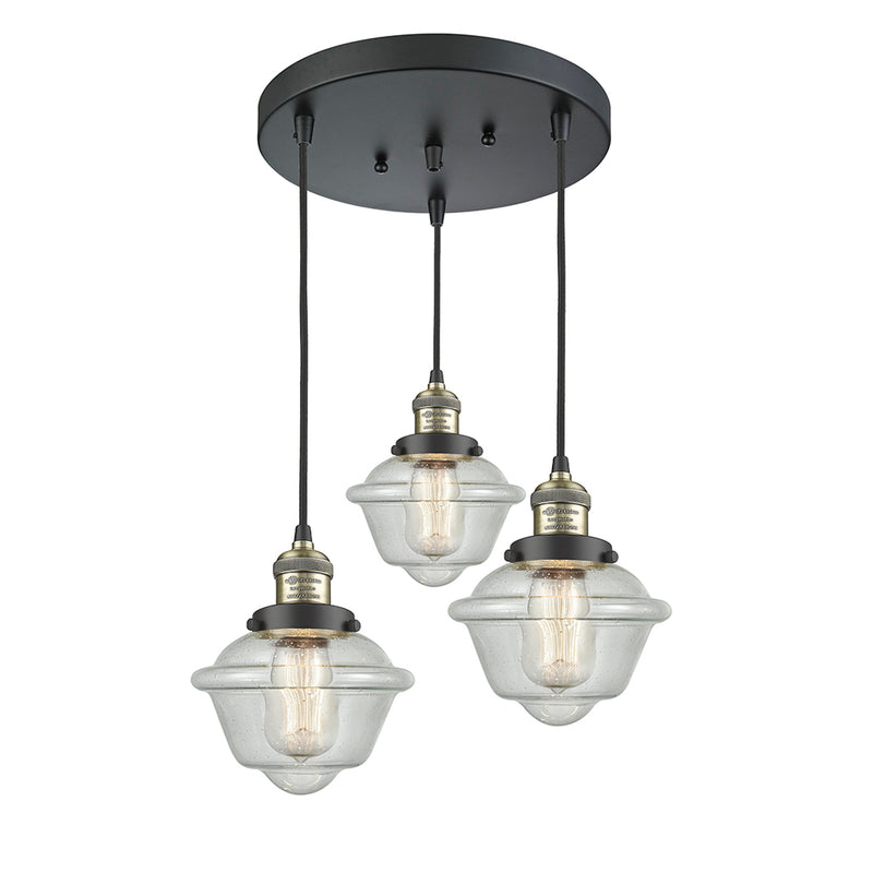 Oxford Multi-Pendant shown in the Black Antique Brass finish with a Seedy shade