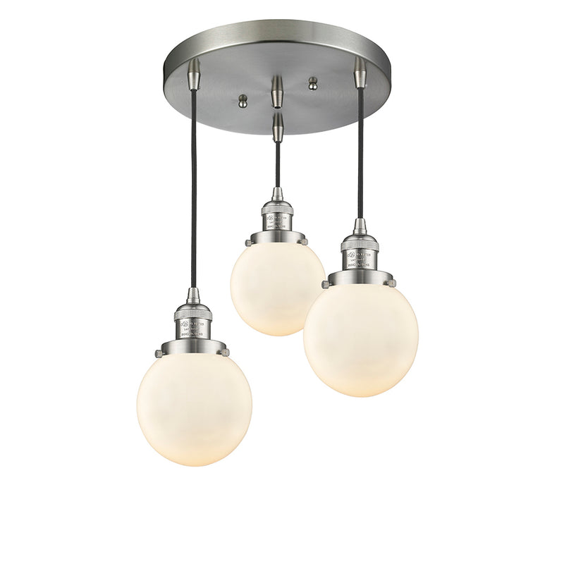 Beacon Multi-Pendant shown in the Brushed Satin Nickel finish with a Matte White shade