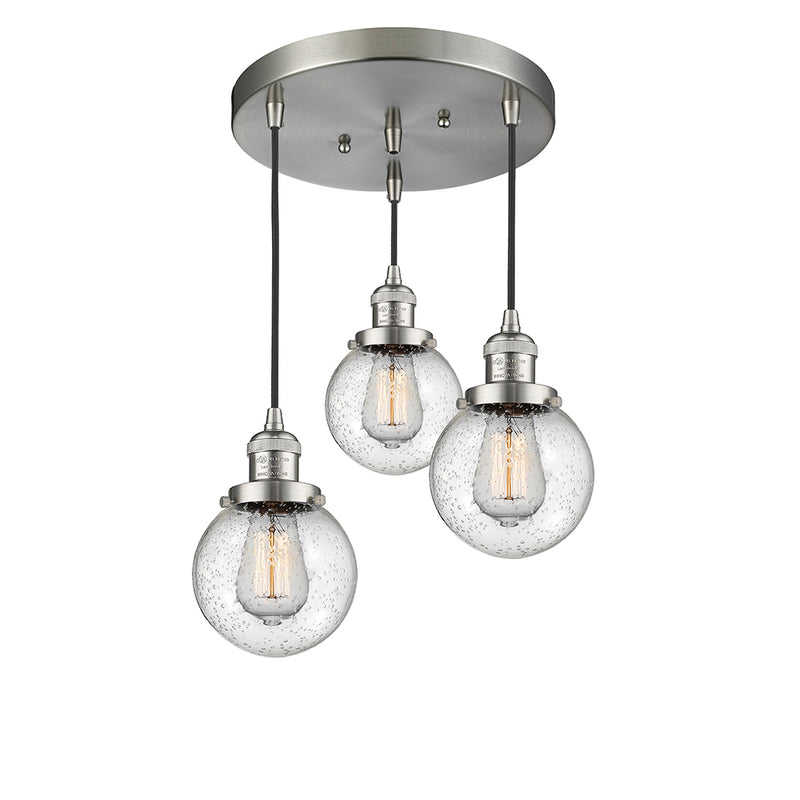 Beacon Multi-Pendant shown in the Brushed Satin Nickel finish with a Seedy shade