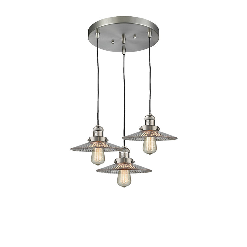 Halophane Multi-Pendant shown in the Brushed Satin Nickel finish with a Clear Halophane shade