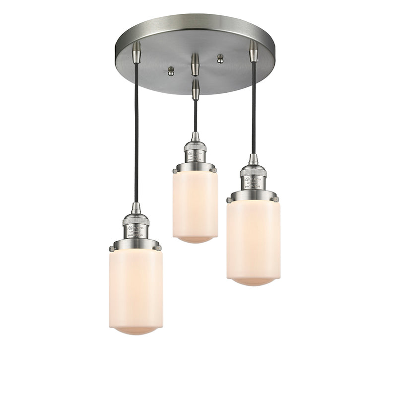 Dover Multi-Pendant shown in the Brushed Satin Nickel finish with a Matte White shade