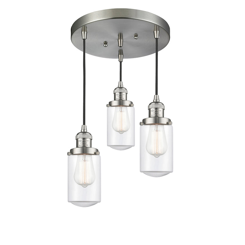 Dover Multi-Pendant shown in the Brushed Satin Nickel finish with a Clear shade
