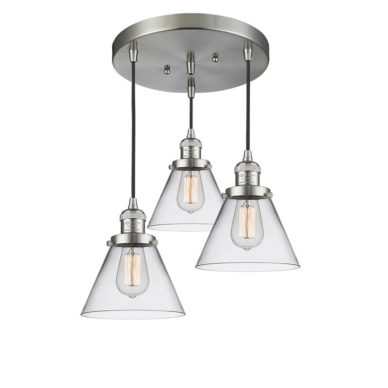 Cone Multi-Pendant shown in the Brushed Satin Nickel finish with a Clear shade