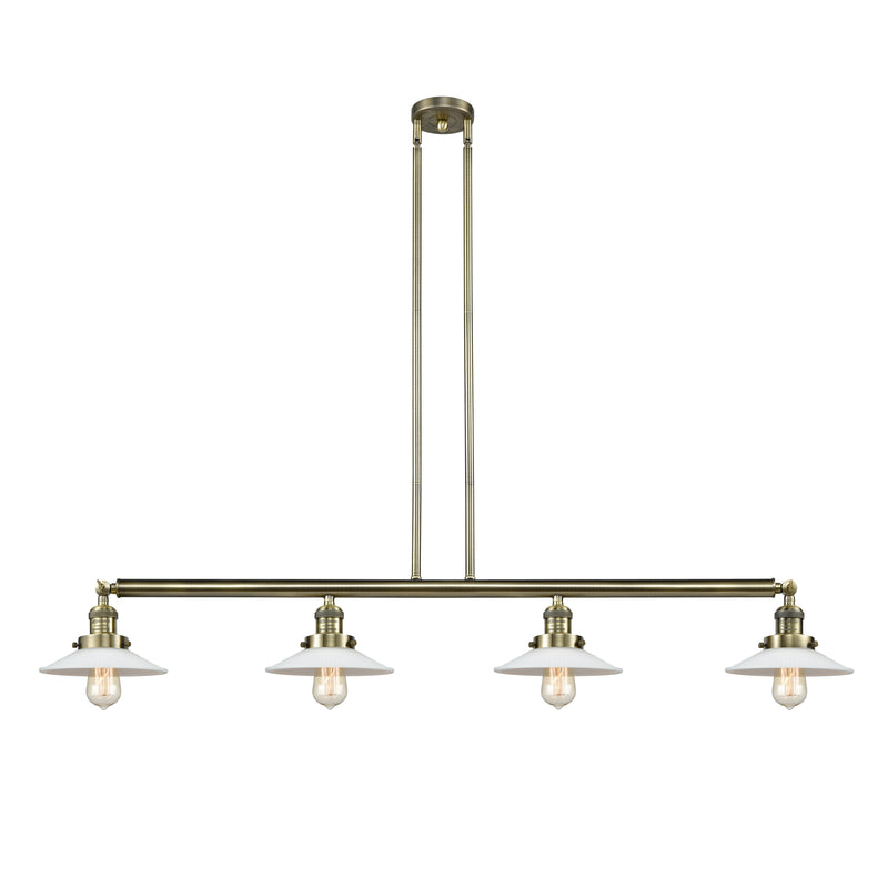 Halophane Island Light shown in the Antique Brass finish with a Matte White Halophane shade