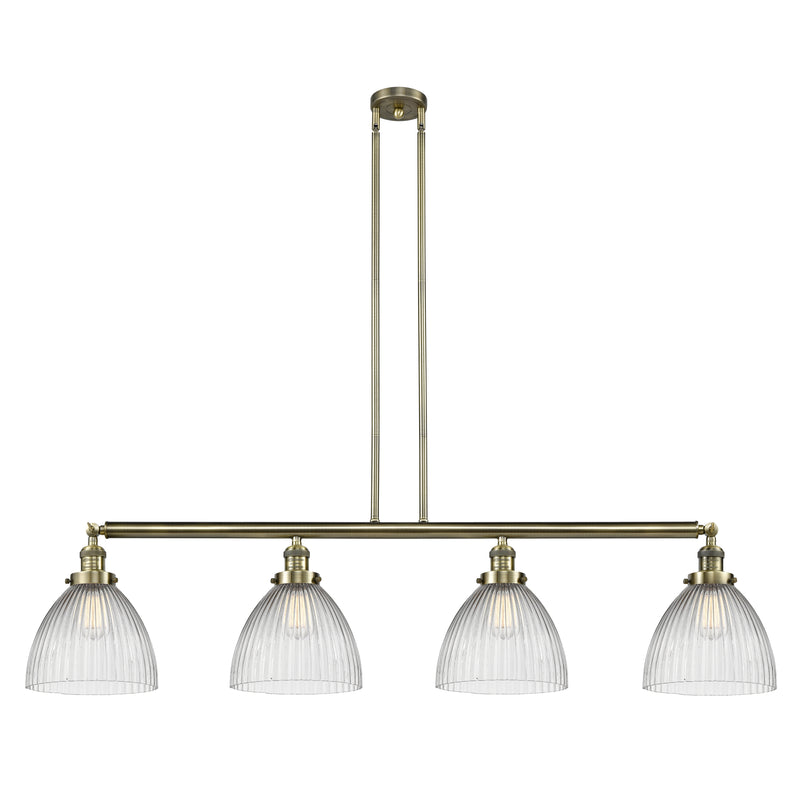 Seneca Falls Island Light shown in the Antique Brass finish with a Clear Halophane shade