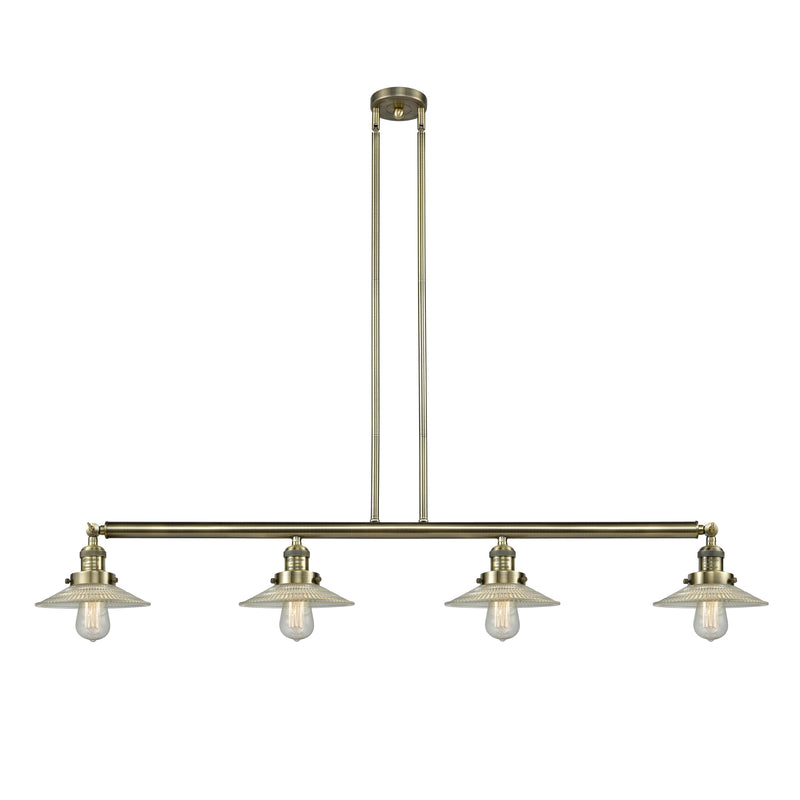 Halophane Island Light shown in the Antique Brass finish with a Clear Halophane shade