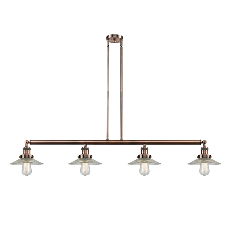 Halophane Island Light shown in the Antique Copper finish with a Clear Halophane shade