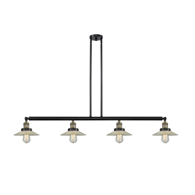 Halophane Island Light shown in the Black Antique Brass finish with a Clear Halophane shade